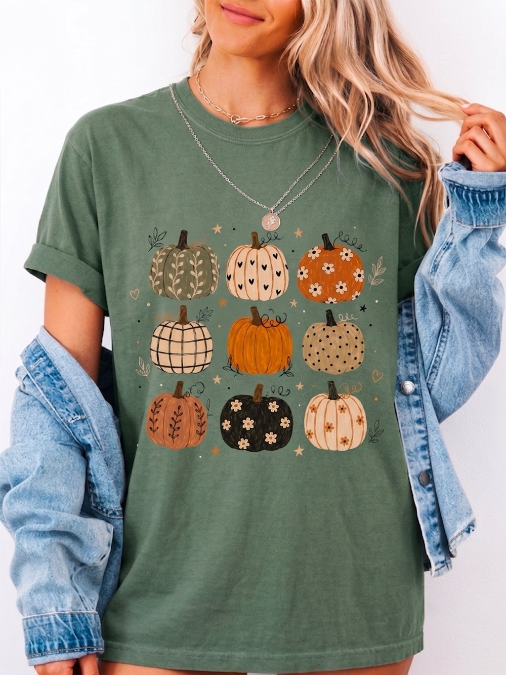 Autumn Patterned Pumpkins Olive Green Comfort Colors T-Shirt - Picture 2 of 3